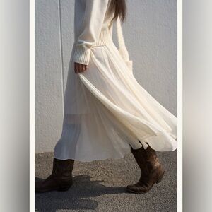 New DAOXU Off-White pleated Chiffon Boho Chic Midi Skirt S